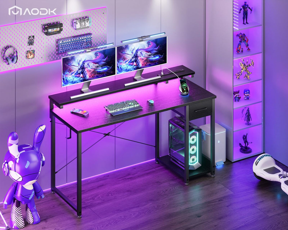 AODK Gaming Desk with LED Lights & Power Outlet, 55 Inch Computer Desk with Drawer, Reversible Desk with Adjustable Monitor Shelf & Headphone Hook for Home Office, Black AODK