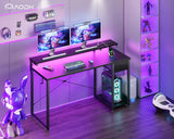 AODK Gaming Desk with LED Lights & Power Outlet, 55 Inch Computer Desk with Drawer, Reversible Desk with Adjustable Monitor Shelf & Headphone Hook for Home Office, Black AODK