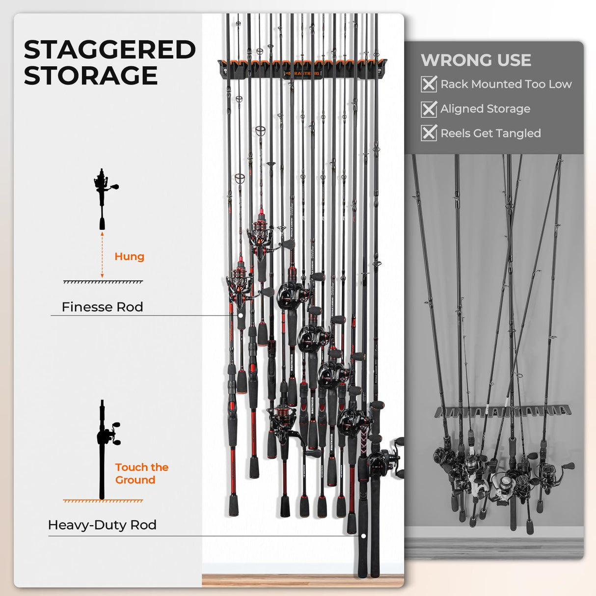 KastKing V15 Vertical Fishing Rod Holder – Wall Mounted Fishing Rod Rack, Store 15 Rods or Fishing Rod Combos in 17.25 Inches, Great Fishing Pole Holder and Rack KastKing