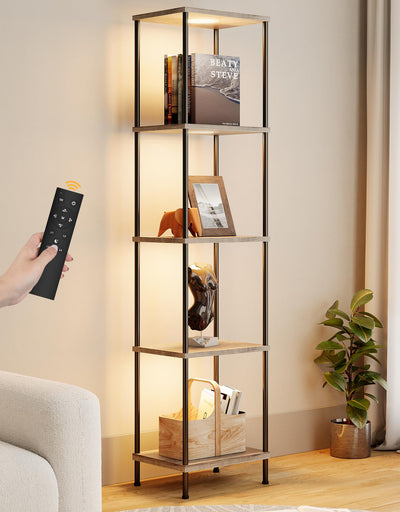 Display Shelf with RGBW Light, Color Changing Curio Cabinet Floor Lamp with Shelves Corner Standing Column Lamp Etagere Organizer Tower Nightstand Bookcase for Living Room Bedroom Office Décor, Gray