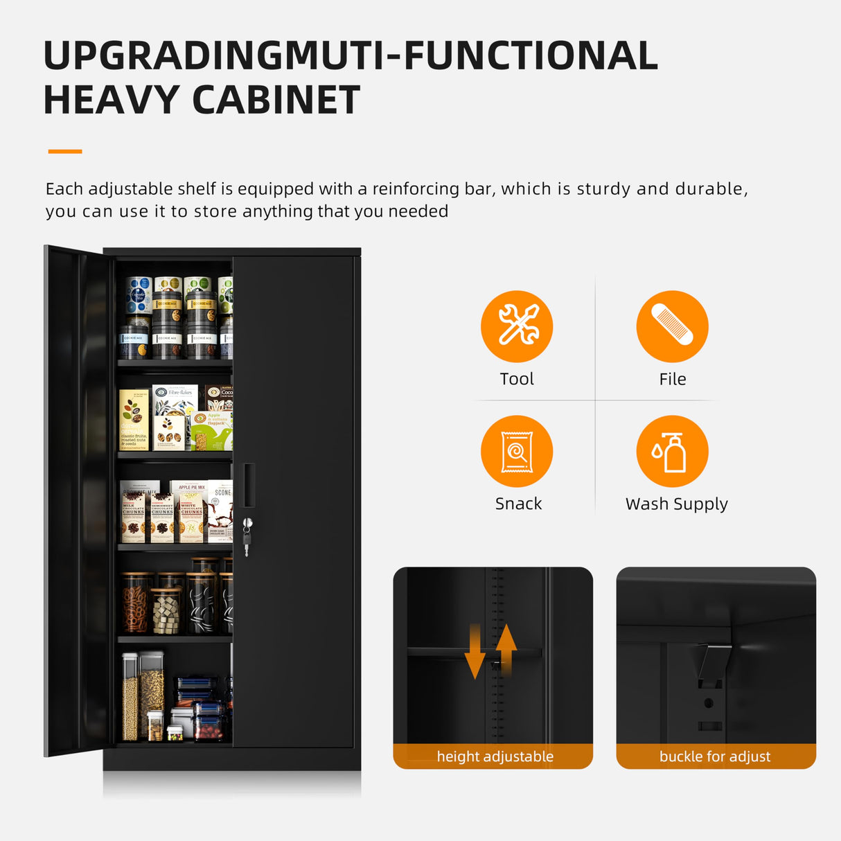 INTERGREAT Metal Garage Storage Cabinet with Lock, 72" H Storage Cabinets with Doors and Adjustable Shelves, Black Lockable Metal Cabinets for Garage, Warehouse, Tool INTERGREAT