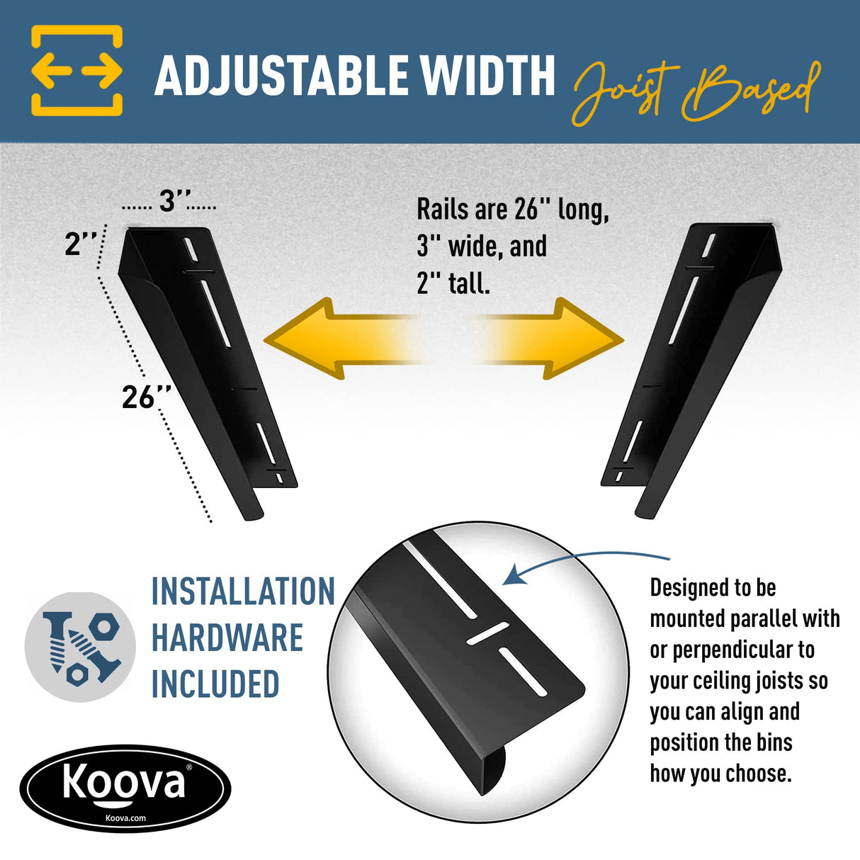 Koova Heavy-Duty Overhead Garage Storage Rack for 6 Bins. Adjustable Width, 240lb Capacity. DIY Safe Mount, Easy Install. Fits 27-Gallon Totes. USA Made Pro-Grade Steel. Space Saving Organizer Koova