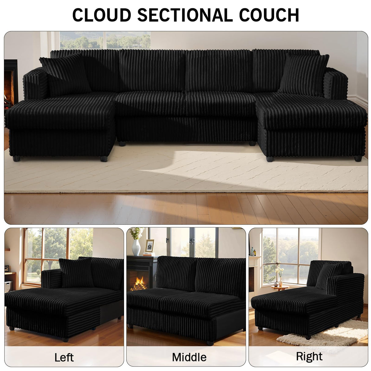 123" U-Shaped Modular Sesctional Sofa, Two L-Shape Chaise with 2 Cloud Couch Sectional with Two Pillows, Couches forLiving Room (Black) MYINDA