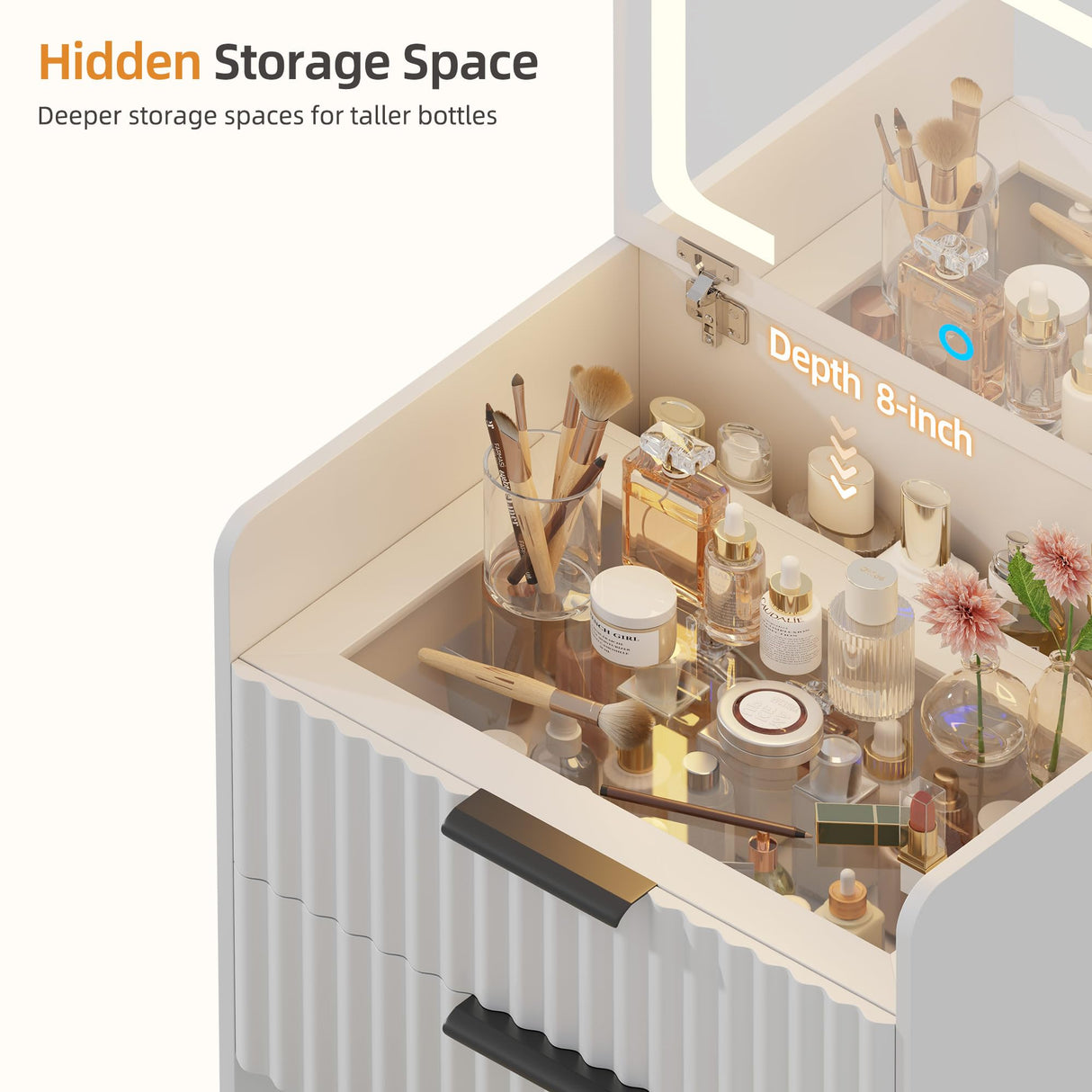 Gurexl Fluted Small Vanity Desk with Mirror and Lights, 3-in-1 Compact Makeup Vanity Set with Hidden Storage Stool, Mini Dressing Table with 3 Drawers, Gift for Little Girls/Kids (White) Gurexl