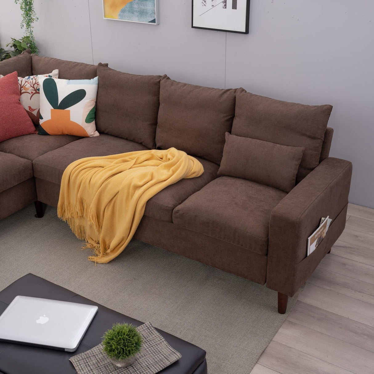 Panana 6 Seats Linen Fabric Large SECTIONAL Corner Sofa Settee - Sofa for Living Room-Left/Right-Hand Side Sofas, Brown Panana