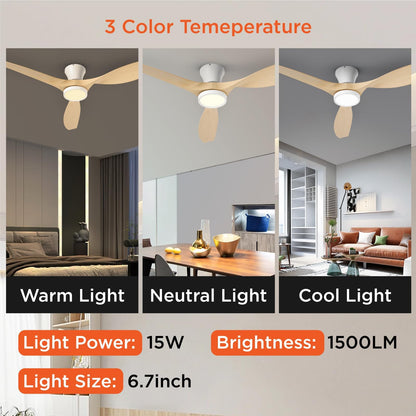 TALOYA 52 inch Ceiling Fans with Lights and Remote, Flush Mount Low Profile Ceiling Fan with Reversible DC Motor for Bedroom Living Room Kitchen Light Oak Finish - WoodArtSupply