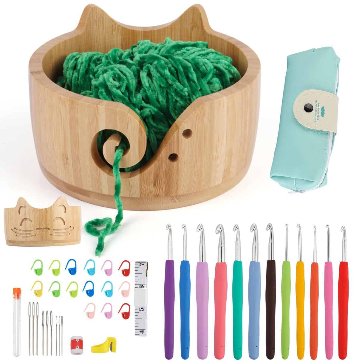 XIEJ Cat Yarn Bowl Set, 7 X 4inch Wooden Yarn Bowls for Crocheting, Knitting Bowl, Yarn Storage Bowls, Crochet Yarn Holder with Crochet Hooks Knitting Tools for Crocheters Knitters Craft XIEJ