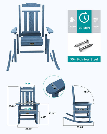 SERWALL Outdoor Rocking Chair, HDPE Poly Rocking Chair for Adults, All Weather Resistant Heavy Duty Front Porch Rocker, Blue - WoodArtSupply