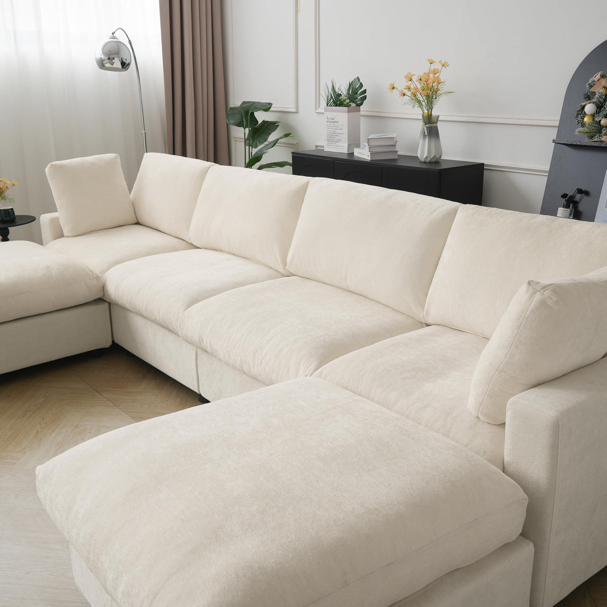 Cloud Sectional Couches for Living Room,100.5" Convertible L Shaped Couch with Ottoman, 4 Seater Modular Sectional Sofa,Deep Seater Furniture Sets,Beige WJShome