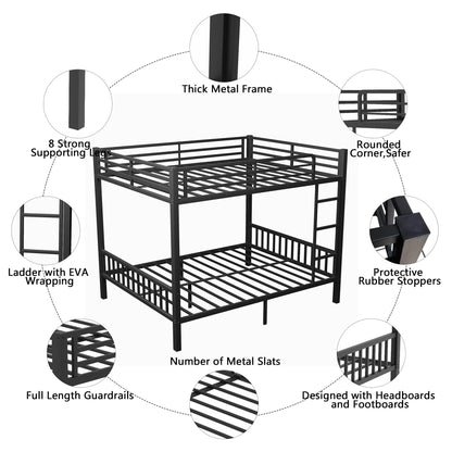 mikibama Queen Over Queen Bunk,Metal Heavy Duty Bunk Beds for Adults,Queen Bunk Bed with Built-in Ladder,Industrial Bunkbeds for Kids,Adult,Small Spaces,Space Saving. (Black, Queen Over Queen)