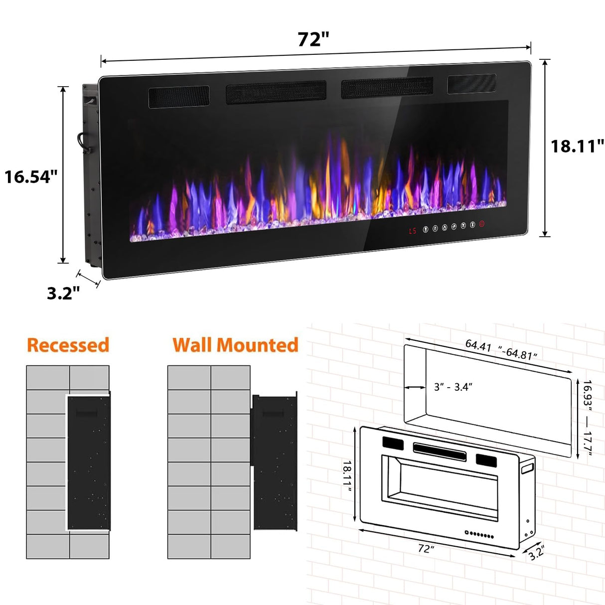 VENDORZ Electic Fireplace, 72" Recessed and Wall Mounted Electric Fireplace, Ultra-Thin Electric Fireplace Inserts Heater, 750W/1500W Fire Places Insert and Wall Electric Fireplace with Remote Control VENDORZ