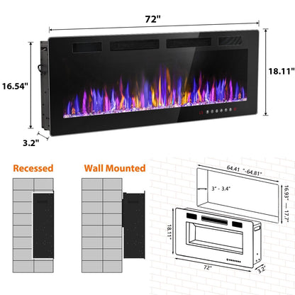 VENDORZ Electic Fireplace, 72" Recessed and Wall Mounted Electric Fireplace, Ultra-Thin Electric Fireplace Inserts Heater, 750W/1500W Fire Places Insert and Wall Electric Fireplace with Remote Control