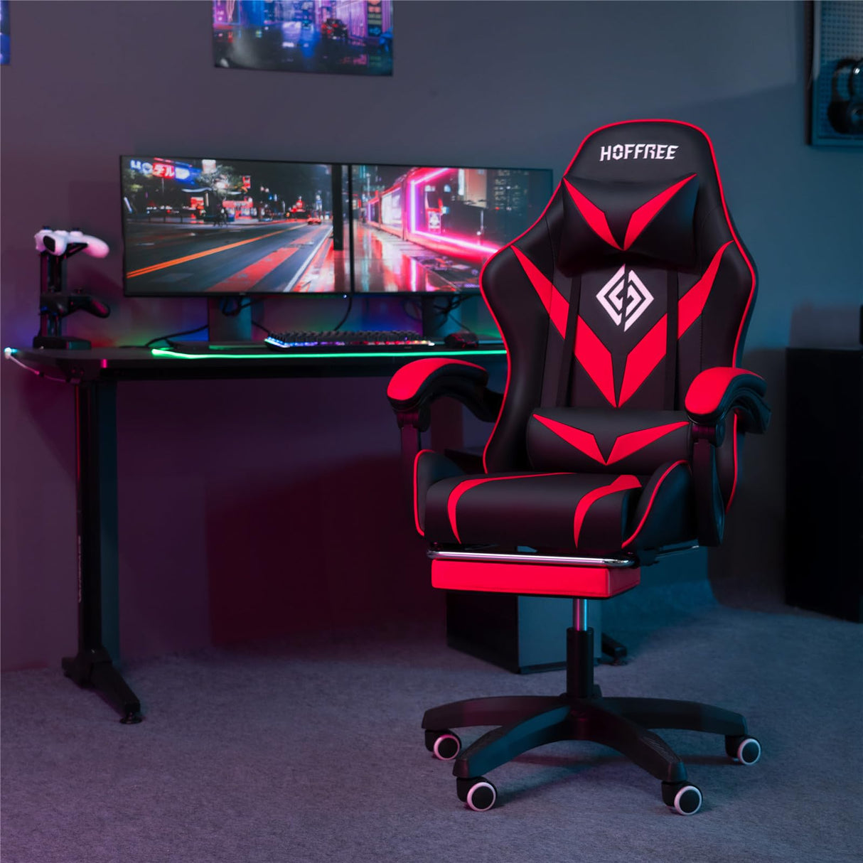 HOFFREE Massage Gaming Chair for Kids Computer Gamer Chair with Footrest and Lumbar Support Reclining PC Game Chair with Headrest for Gaming Room Red and Black HOFFREE