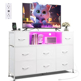 WLIVE White Dresser for Bedroom, TV Stand for Bedroom for 55 inch TV with Charging Station and LED Lights, Fabric Chest of Drawers with Open Shelves, 8 Drawers Dressers for Living Room, Closet WLIVE