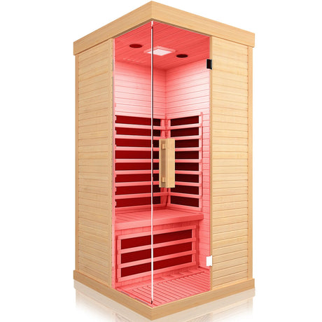 OUTEXER Sauna Room Indoor Far Infrared Saunas Home Canadian Hemlock 1400W Low-EMF Dry Saunas Single Person Spa with 7 Color Therapy 33.5 * 33.5 * 70.9inch OUTEXER