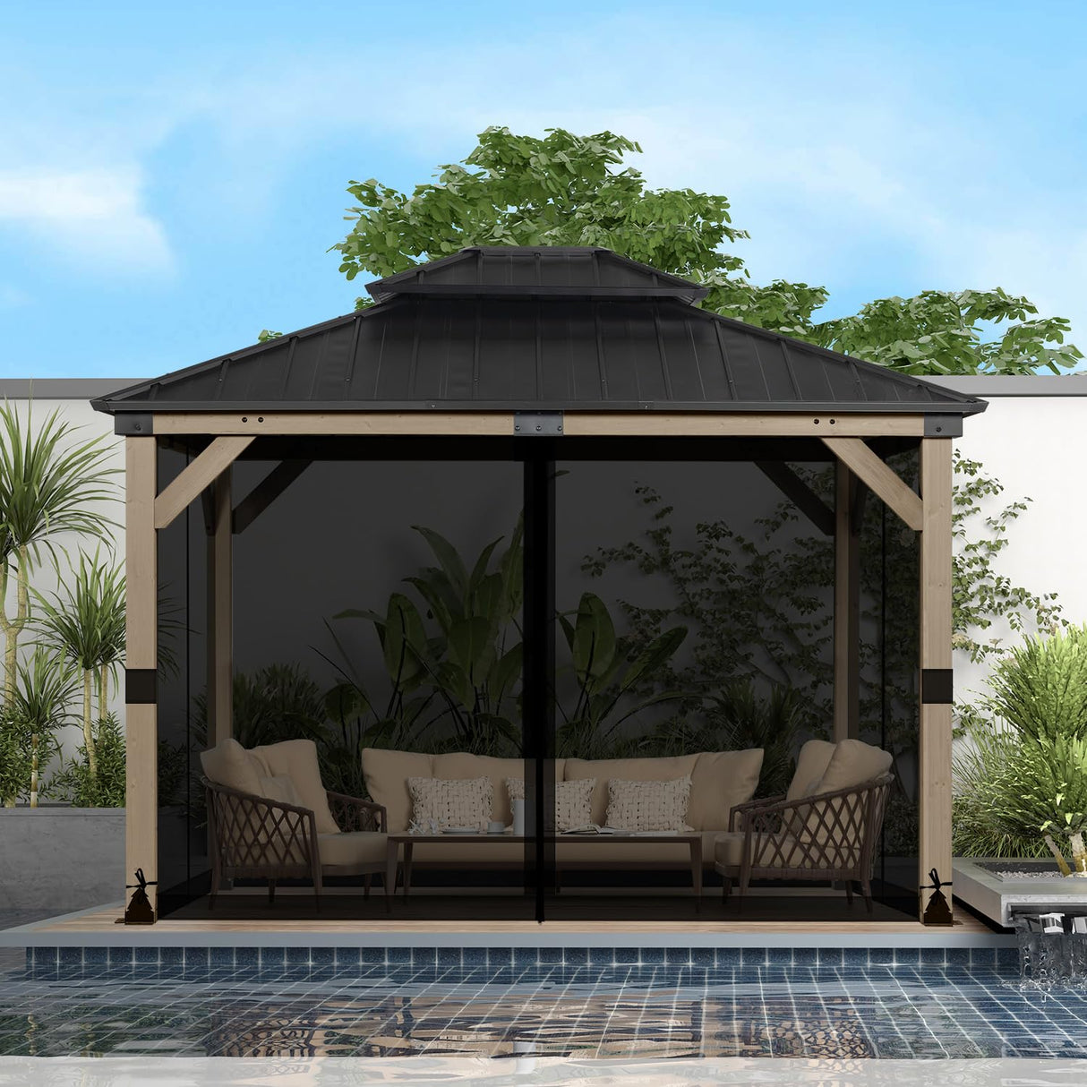 BPS 10' x 12' Gazebo Universal Mosquito Netting Screen Replacement, 4-Panel Screen Walls with Double Zippers for Outdoor Patio, Black (Mosquito Net Only) BPS