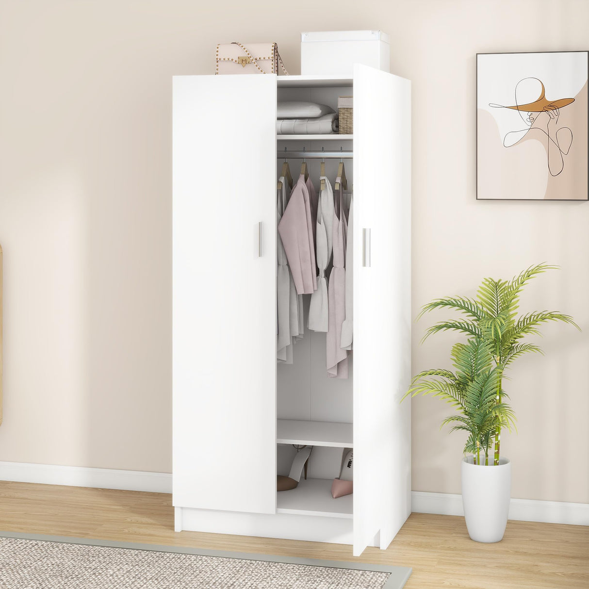 Panana 2 Door Bedroom Wardrobe Closet Bedroom Armoires Home Furniture for Storage (White) Panana