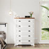 LIKIMIO 43" Tall 5 Drawers Dresser for Bedroom, Power Strip, Farmhouse Large Wood Dressers & Chest of Drawers with Wide Storage Cabinet, White LIKIMIO
