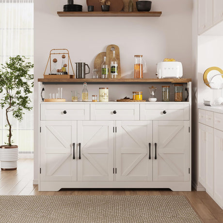 51" Farmhouse Buffet Sideboard Cabinet with Storage, White Kitchen Storage Pantry Cabinet with Drawers, Wood Cupboard Hutch Cabinet, Coffee Bar Station Table for Kitchen, Living Room, Dining Room FiveWillowise