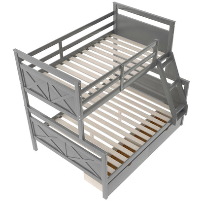 Merax Grey Twin Over Full Bunk Bed with Storage Drawers, Ladder and Guardrail, Convertible Design - WoodArtSupply