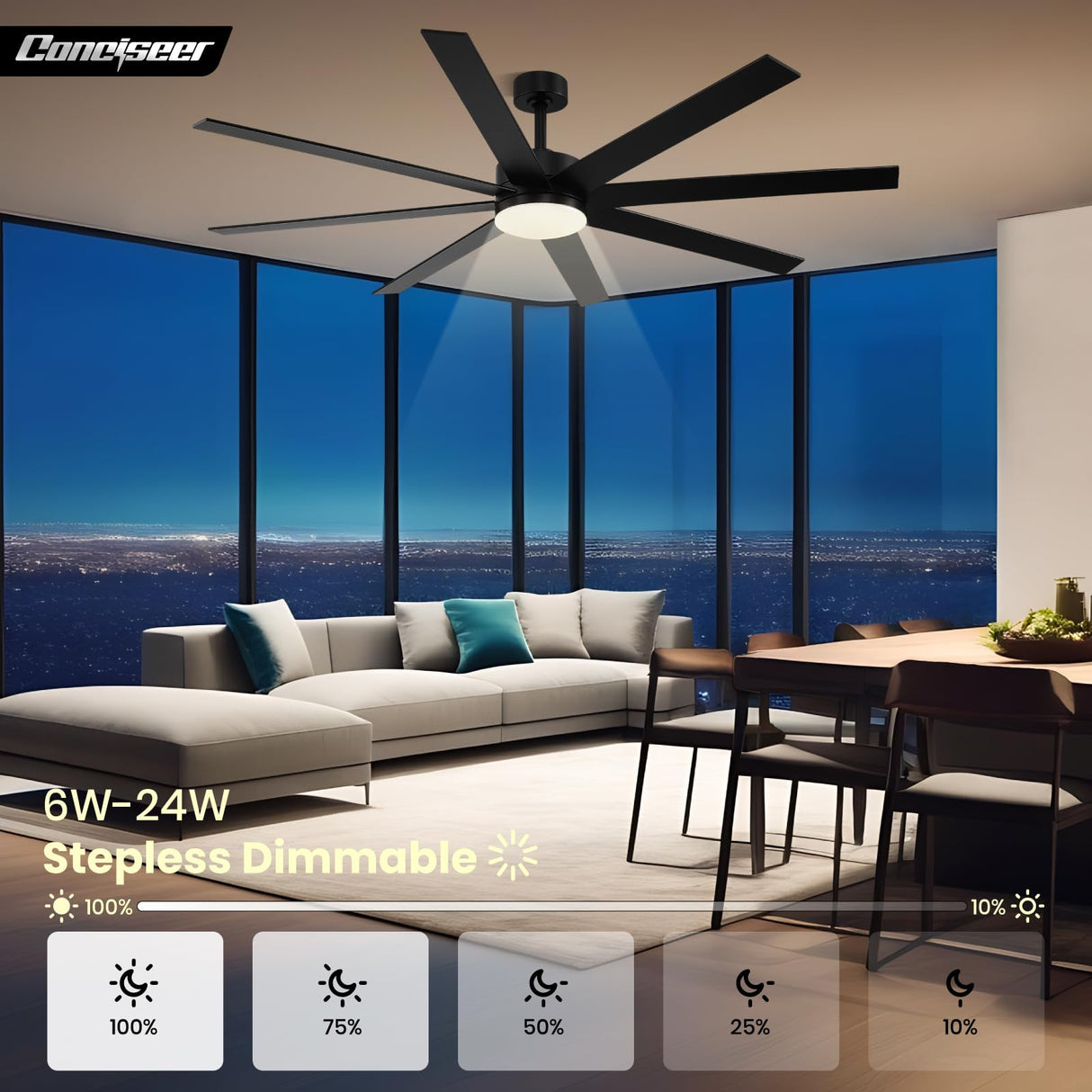 Modern 72 Inch Ceiling Fans with Lights and Remote, Dual Color 8 Blades, Bedroom Living Room Office Library Cafe Outdoor Industrial, 3CCT Dimmable, 6 Speed Reversible Quiet DC Motor, Black/Wood Grain Conciseer