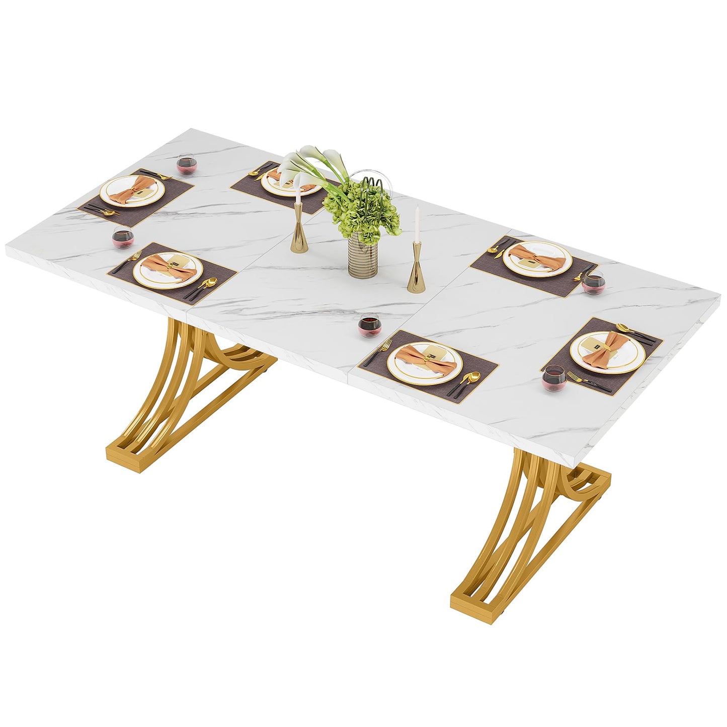 Tribesigns 63-Inch Rectangular Dining Table for 4 to 6, Modern Kitchen Table with Faux Marble Table Top and Stylish Metal Legs, White and Gold Dinner Tables for Dining Room, Kitchen - WoodArtSupply