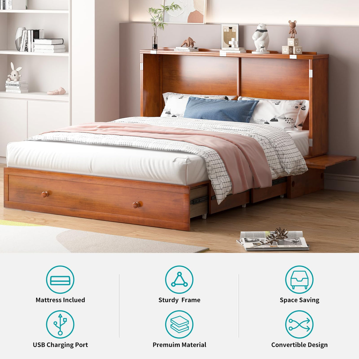 BALUS Queen Murphy Bed with Built-in USB Charging Ports & Bedside Panel, Wood Hidden Wall Beds, Modern Murphy Beds Cabinet Beds for Bedroom/Living Room - Cherry BALUS