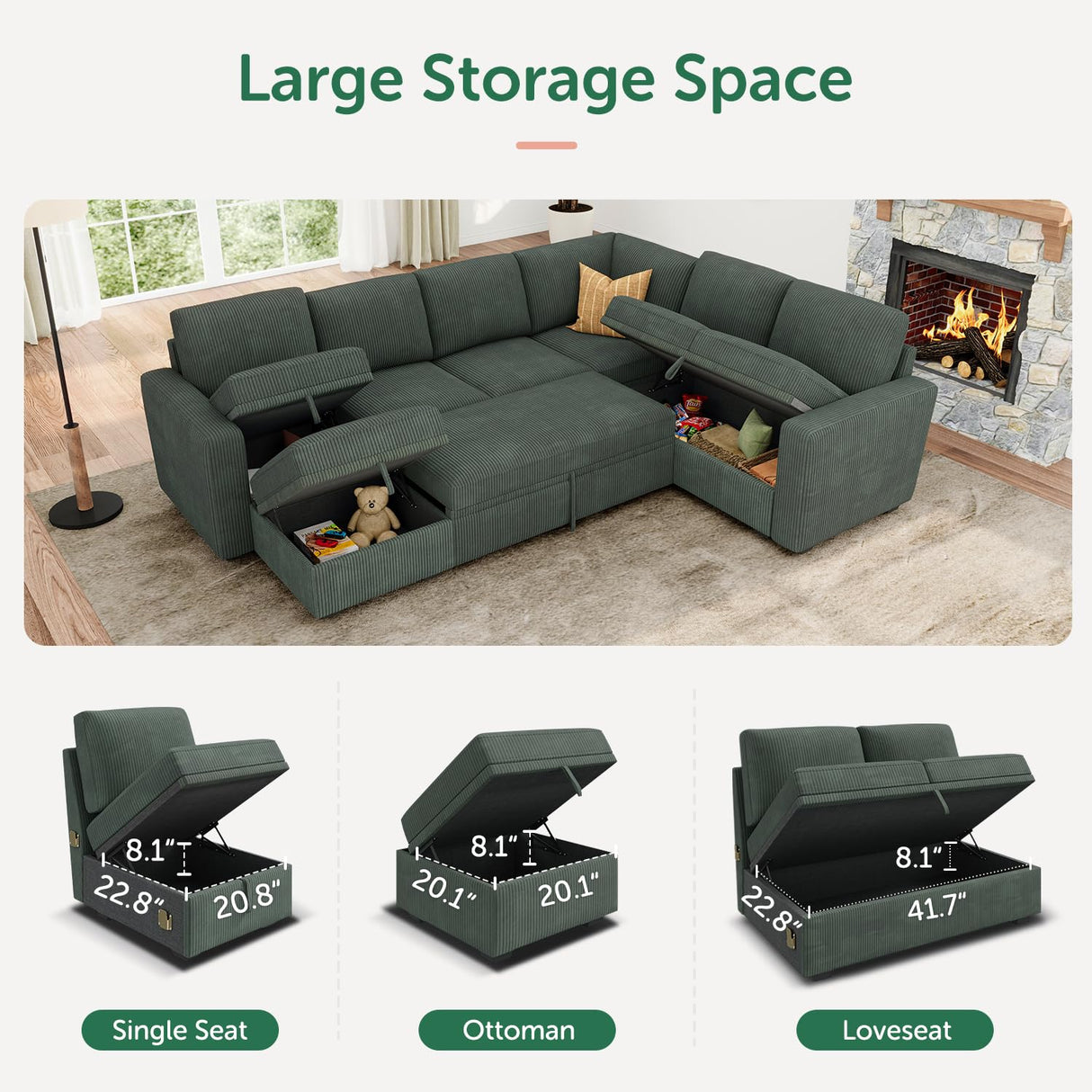 HONBAY Modular Sectional Sleeper Sofa with Pull Out Bed, Corduroy Couch with Storage Seats Ottoman, U Shaped Sectional Couches for Living Room, Green HONBAY