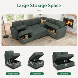 HONBAY Modular Sectional Sleeper Sofa with Pull Out Bed, Corduroy Couch with Storage Seats Ottoman, U Shaped Sectional Couches for Living Room, Green HONBAY