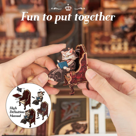 Cutefun Book Nook Kit - DIY Miniature House Kit for Bookshelf Decor, Book Nook Kits for Adults & Beginners, 3D Wooden Puzzle Dollhouse, Ideal Gift for Family and Friends (Count Cat's Study) Cutefun