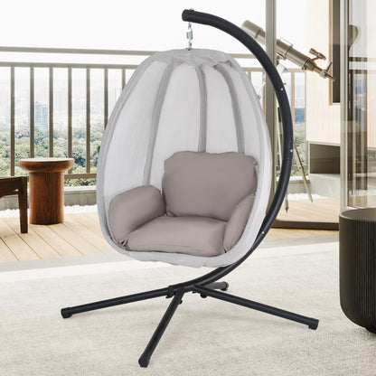 PayLessHere Egg Chair with Comfy Cushions Indoor Outdoor Hanging Chair Sturdy Heavy Duty Hammock Chair with Stand Cushions Breathable Fabric Cover for Patio Bedroom Garden Poolside, Grey