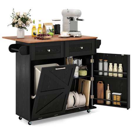 Giantex Kitchen Island Cart with Hidden Tilt Out Trash Can Cabinet, Drop Leaf, 2 Drawers, Towel Rack, Rolling Mobile Breakfast Bar Table, Wood Kitchen Storage Cart on Wheels (Black & Natural) Giantex