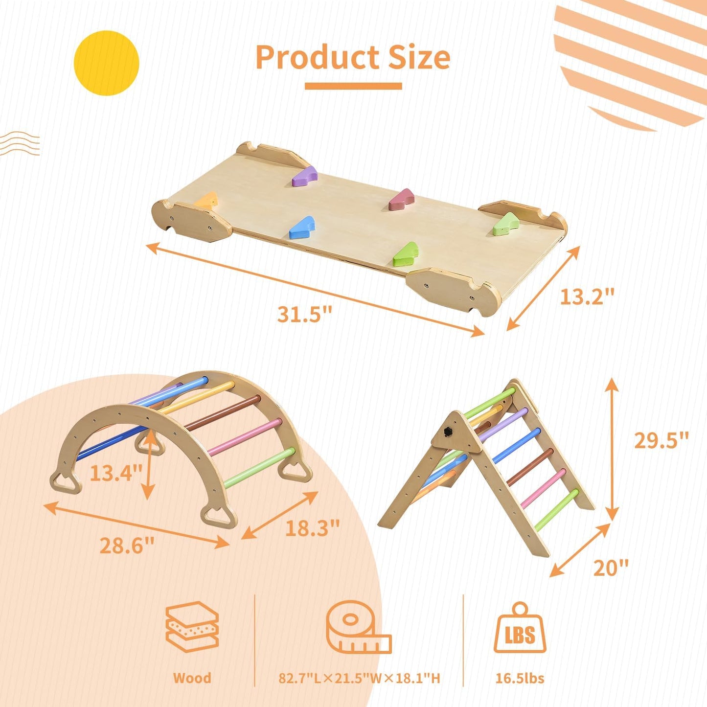 5 in 1 Montessori Climbing Set, Wooden Pikler Triangle Set Climbing Toys with Pikler Triangle, Ramp, Arch, Ladder, Pickler-3 Piece Climbing Gym, Indoor Climbing Toys for Toddlers 1-3 Inside - Colorful