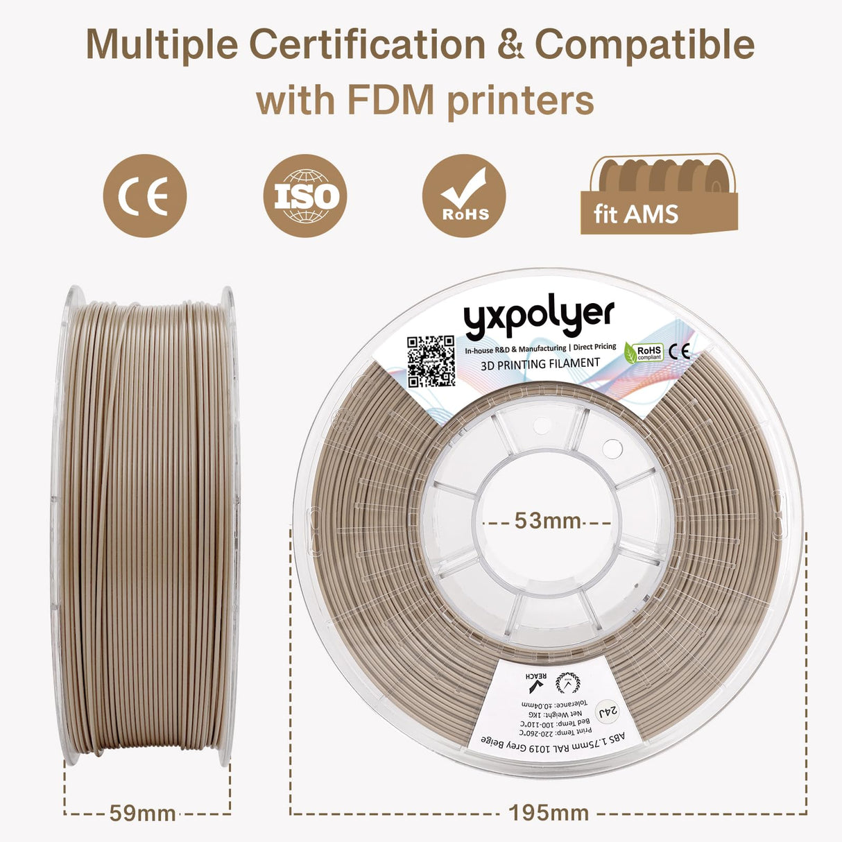 YXPOLYER ABS Filament Marble Series 3D Printing Filament 1.75mm 1kg, Grey Beige Textured Tan 3D Printer Filament High-Heat, High-Strength & Moisture-Resistant, with Upgrade AMS-Compatible Spool yxpolyer