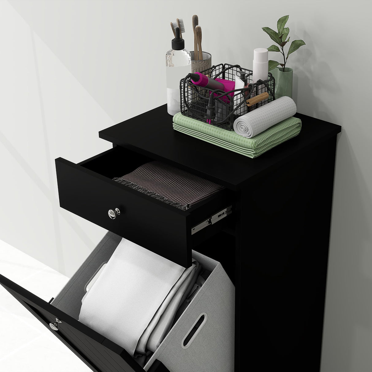 HOMCOM Laundry Hamper Cabinet with Removable Basket, Tilt Out Laundry Hamper Cabinet with Drawer and Beadboard Door, Laundry Cabinet Bathroom Storage Cabinet, Black HOMCOM