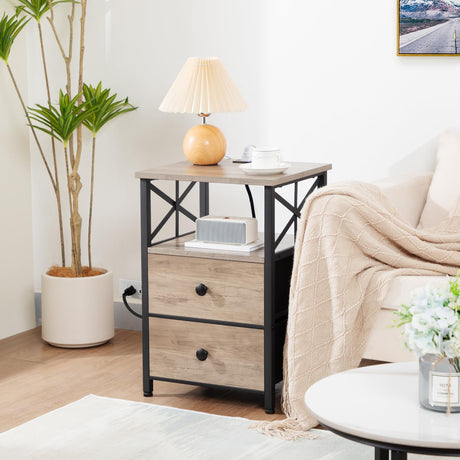 AMHANCIBLE Night Stand Set 2, Nightstand with Charging Station, End Tables Living Room with USB Ports and Outlets, Bedside Tables with Fabric Drawers for Bedroom, Greige HET05XGY AMHANCIBLE