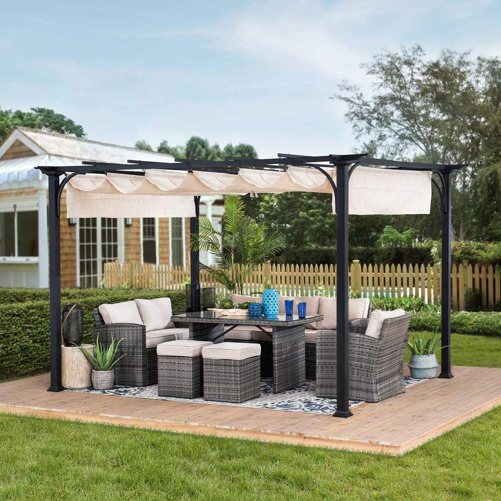 Sunjoy Outdoor Pergola 9 x 12 ft. Patio Black Steel Frame Pergola with Retractable Beige Canopy Shade for Backyard, Garden Activities Sunjoy