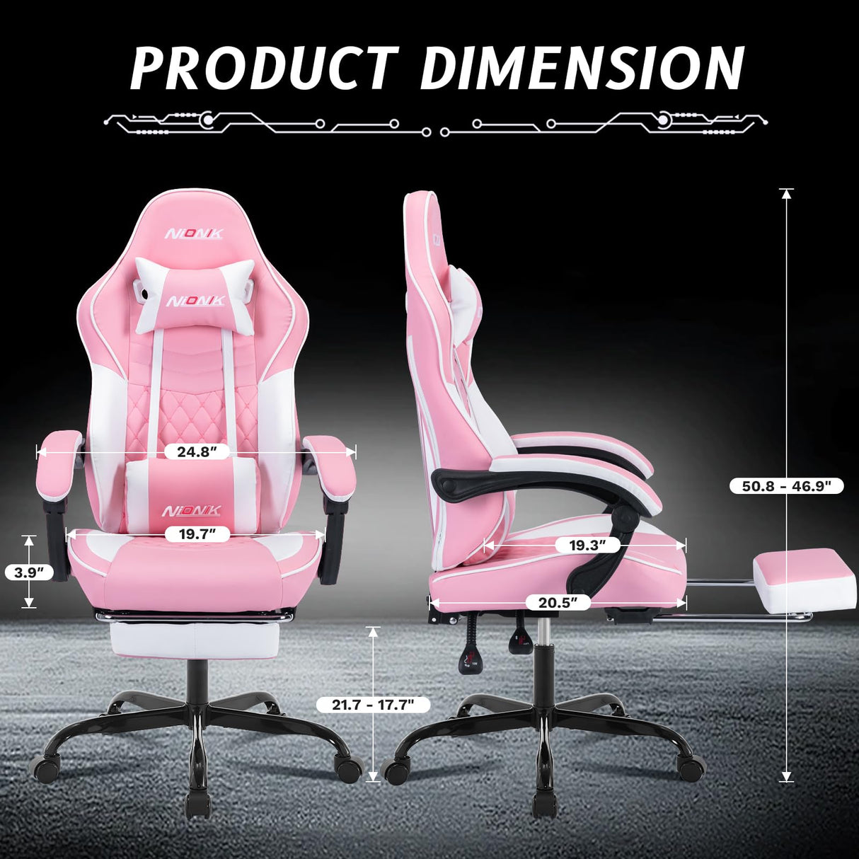 Ergonomic Video Gamer Chairs,Computer Gaming Chairs with Massage Lumbar Support and footrest,Racing Style Computer Chair Adjustable Headrest for Adults,PinkWhite NIONIK