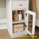 Vabches Vanity with Round Mirror and Lights,39 Inch Makeup Vanity Table with 3 Storage Compartments&Drawers,White Vanity with Glass Door Cabinet&Power Strip,Dressing Table for Bedroom Vabches