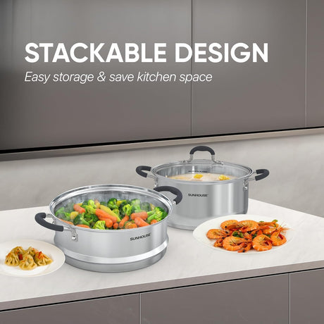 SUNHOUSE - 3.3 Quarts Steamer Pots With Lid 2-Tier Multipurpose Stainless Steel Steaming Pot Cookware For Vegetable, Dumpling, Sauce, Food - Triple Bottom, Measurement Line Sunhouse