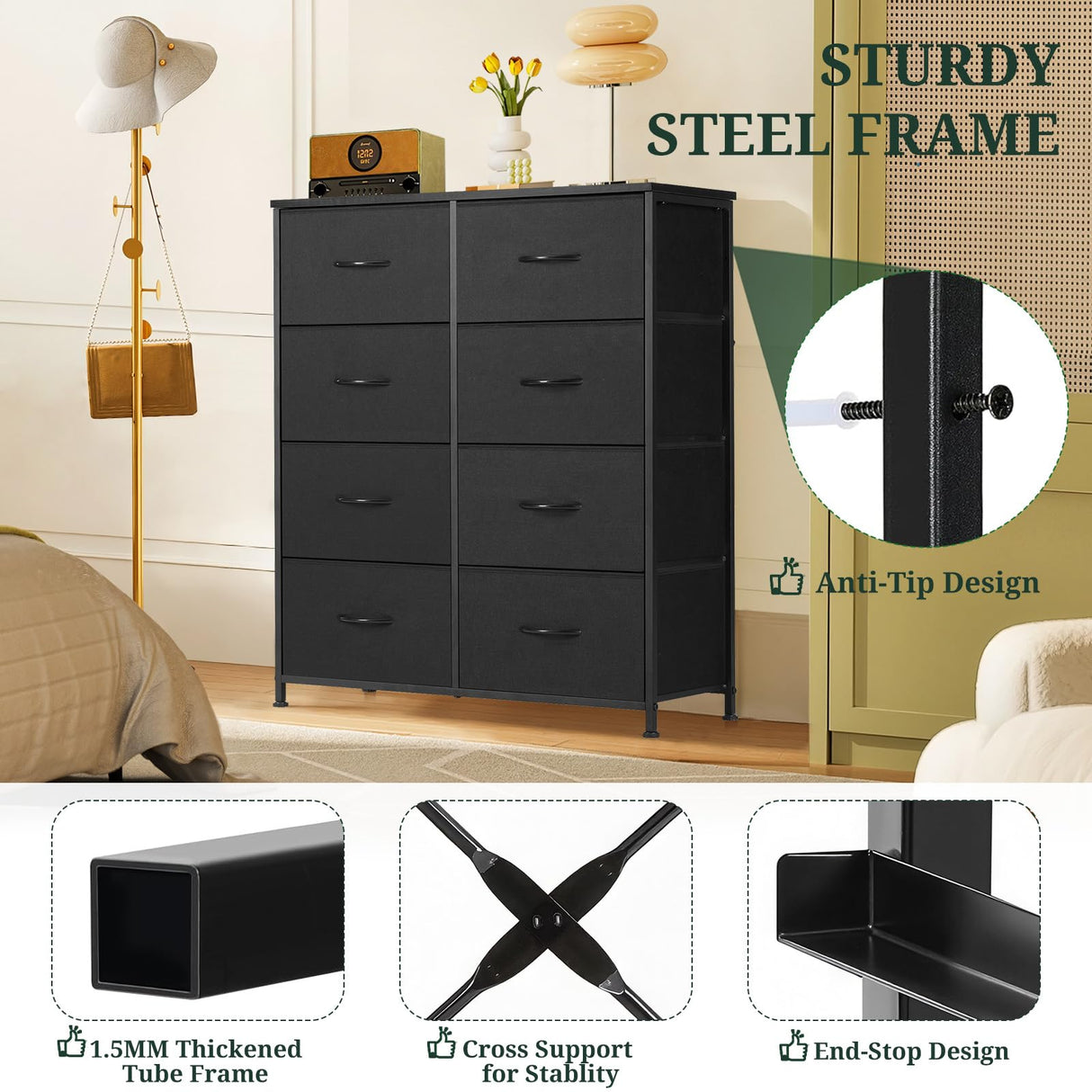 8-Drawer Dresser for Bedroom, Anti-Tip Tall Storage Organizer Chest of Drawers with Wooden Top and Metal Frame Fabric Bins for Closet, Living Room, Hallway, Entryway, Black SageNest