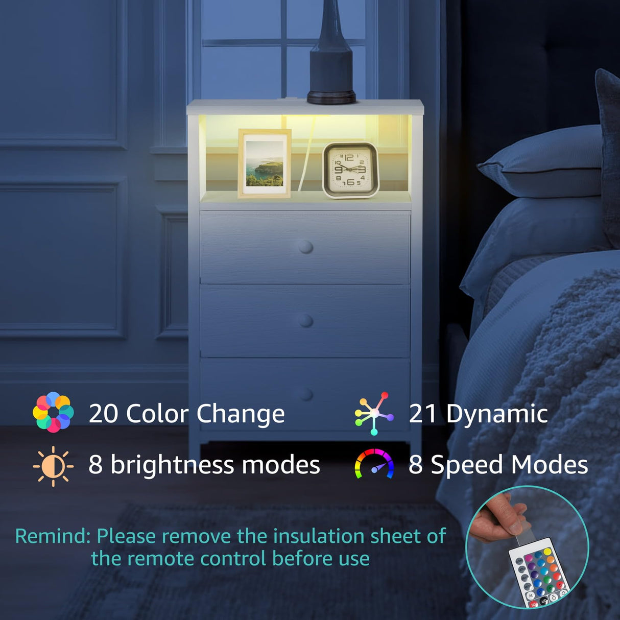 BOLUO White Night Stand with 3 Fabric Drawers, Nightstand with Charging Station LED Nightstand for Bedroom, Bedside Table with USB Ports and Outlets Modern BOLUO