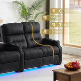 Weilianda Home Theater Seating, Top Grain Leather Sectional Seats Recliner Chair, Zero Gravity Reclining Sofa with Power Headrest 7 Colors Ambient Lighting USB C Charge Row of 3 Black Weilianda