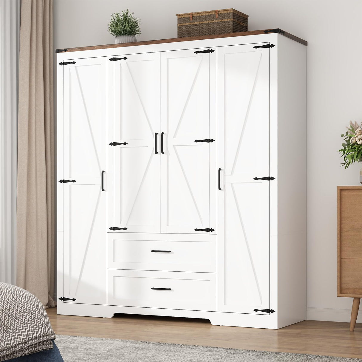 Hlivelood 4 Doors Wardrobe Armoire Closet with Doors and Drawers, Farmhouse Wooden Armoire Storage Cabinet with Shelves & Hanging Rod for Bedroom, White Hlivelood
