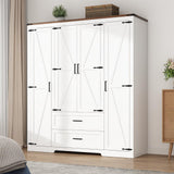 Hlivelood 4 Doors Wardrobe Armoire Closet with Doors and Drawers, Farmhouse Wooden Armoire Storage Cabinet with Shelves & Hanging Rod for Bedroom, White Hlivelood