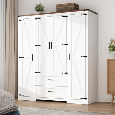Hlivelood 4 Doors Wardrobe Armoire Closet with Doors and Drawers, Farmhouse Wooden Armoire Storage Cabinet with Shelves & Hanging Rod for Bedroom, White