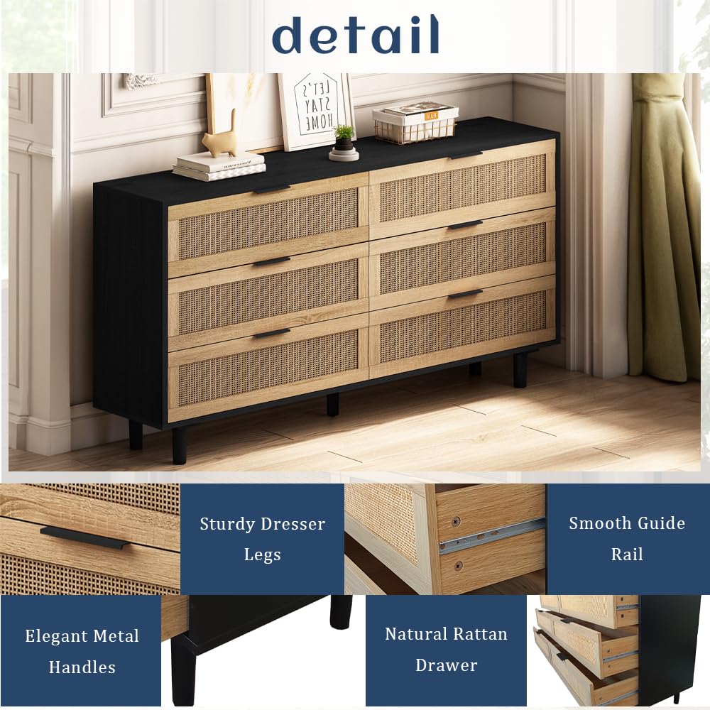NTYUNRR 51.18" Black Rattan Dresser, 6 Drawer Double Dresser for Bedroom, Wooden Dresser Chest of Drawers, Modern Large Closet Boho Dressers Storage Cabinet, for Living Room Hallway Entryway, M NTYUNRR