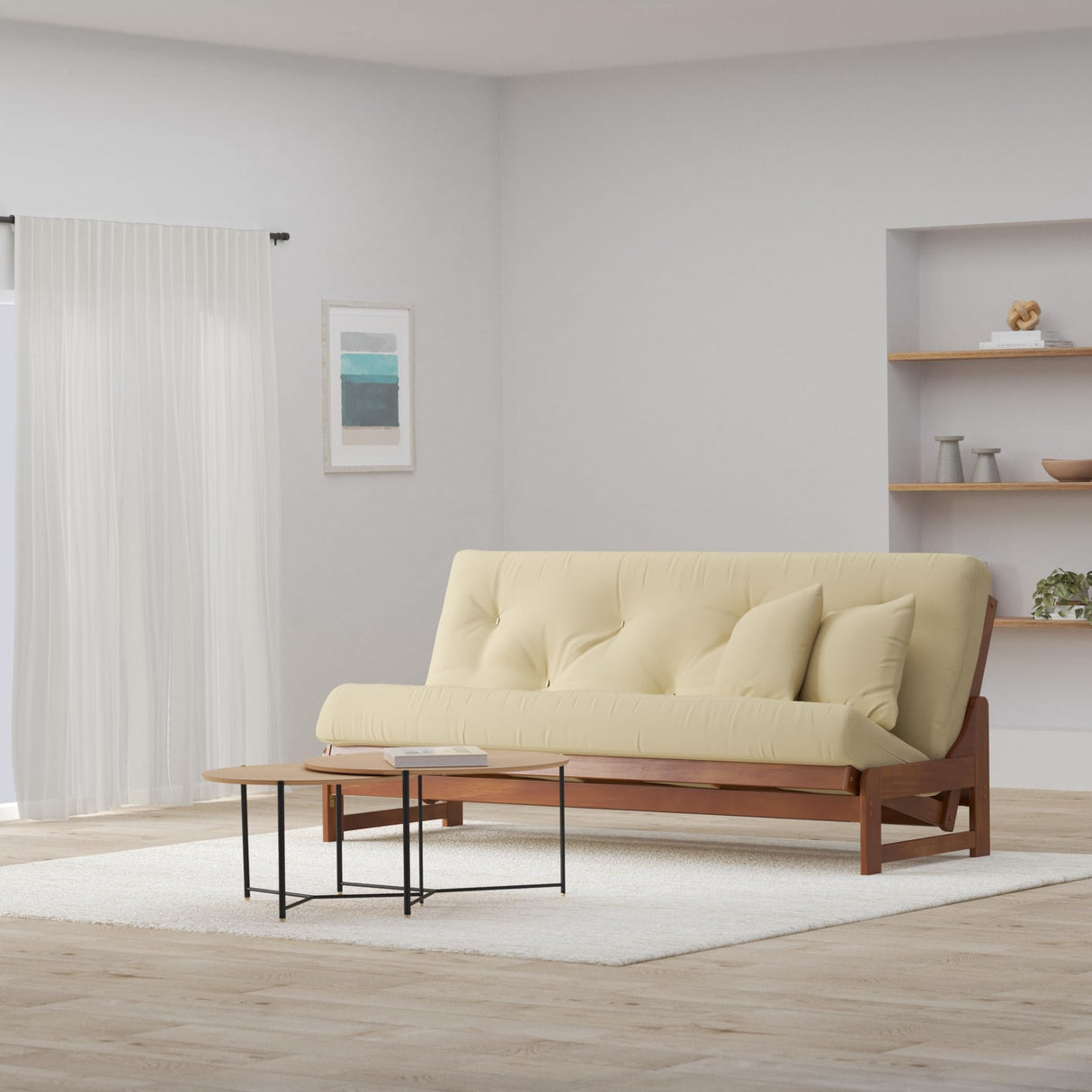 Arden Futon Set - Full Size, Frame, 8" Mattress, Twill Ivory Cover Nirvana Futons