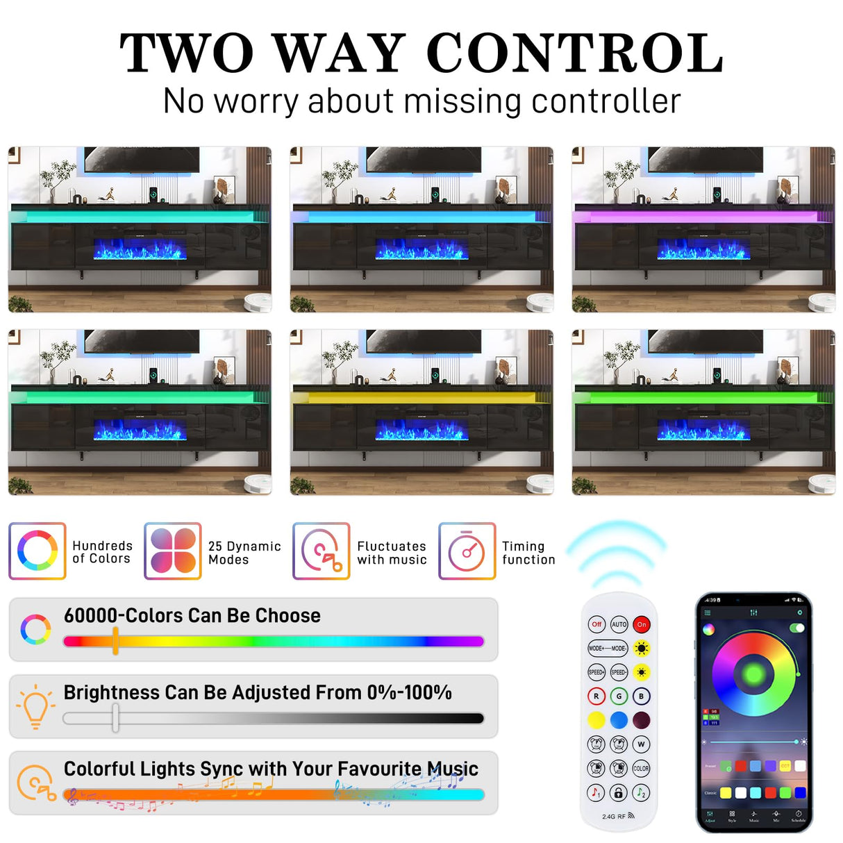 Hlivelood 70" tv Stand w/ 36" Fireplace Up to 80" TVs,High Gloss LED Fireplace TV Stand Entertainment Center for 70/75+/80 inch TV, Modern Media TV Console Cabinet for Living Room,Black Hlivelood