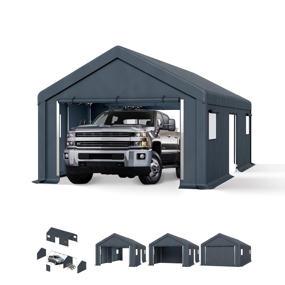 PHI VILLA 13'x24'x9.6' Outdoor Portable Storage Shelter Shed Garage with Roll up Zipper Doors & Vents Carport for Motorcycle Waterproof and UV Resistant Anti-Snow Portable Garage Kit Tent, Gray PHI VILLA